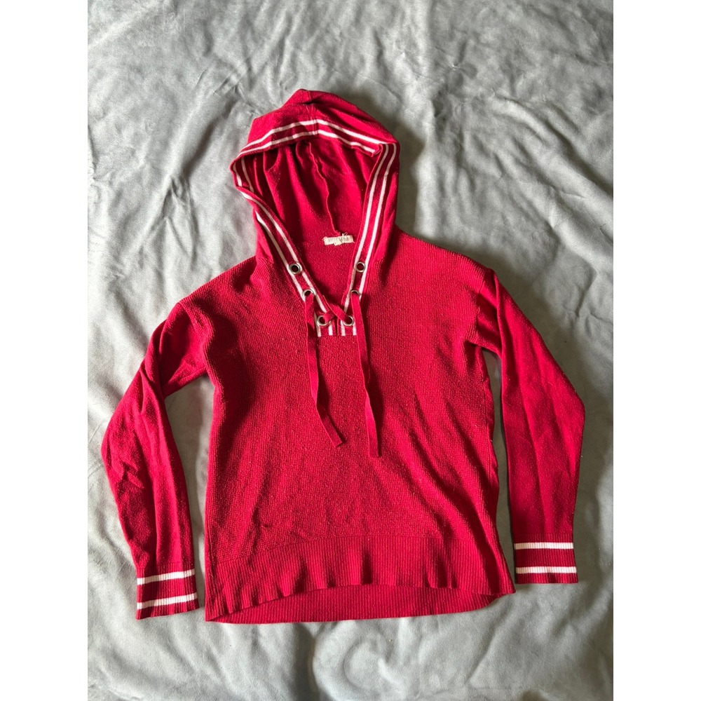 Margeaux & Ellie Red Lace Up Knit Hoodie Sweater Striped Cuffs Small